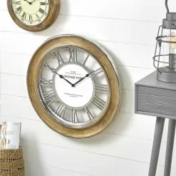Pacific Lifestyle Polished Nickel & Mango Wood Round Wall Clock 58cm